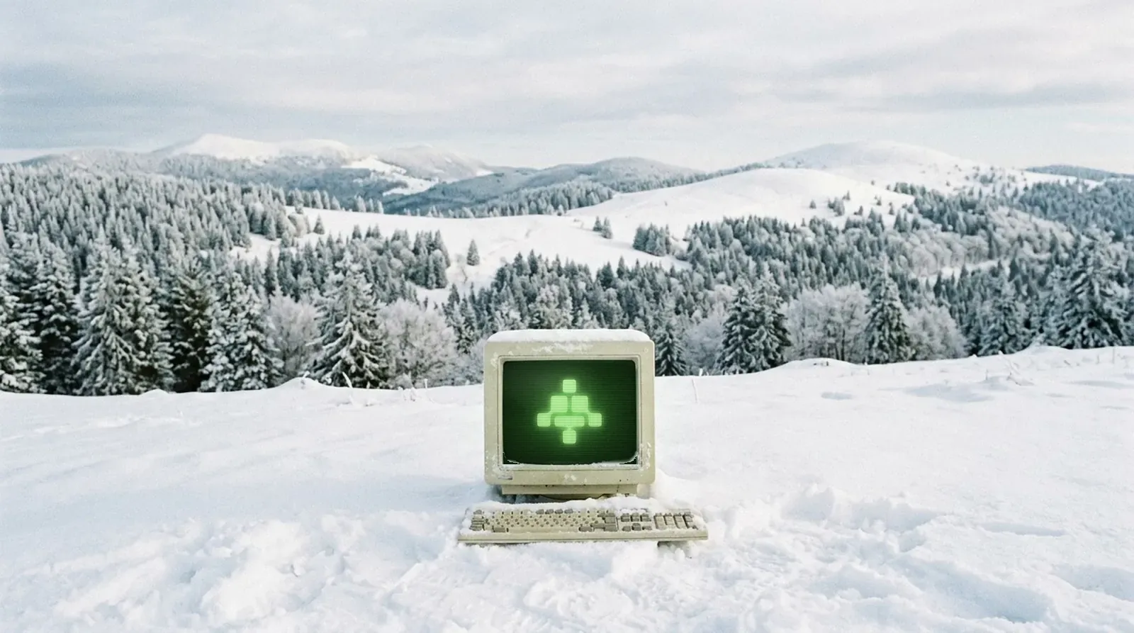 Un ancien ordinateur au logo MBV posé dans la neige, face aux sommets enneigés des Vosges