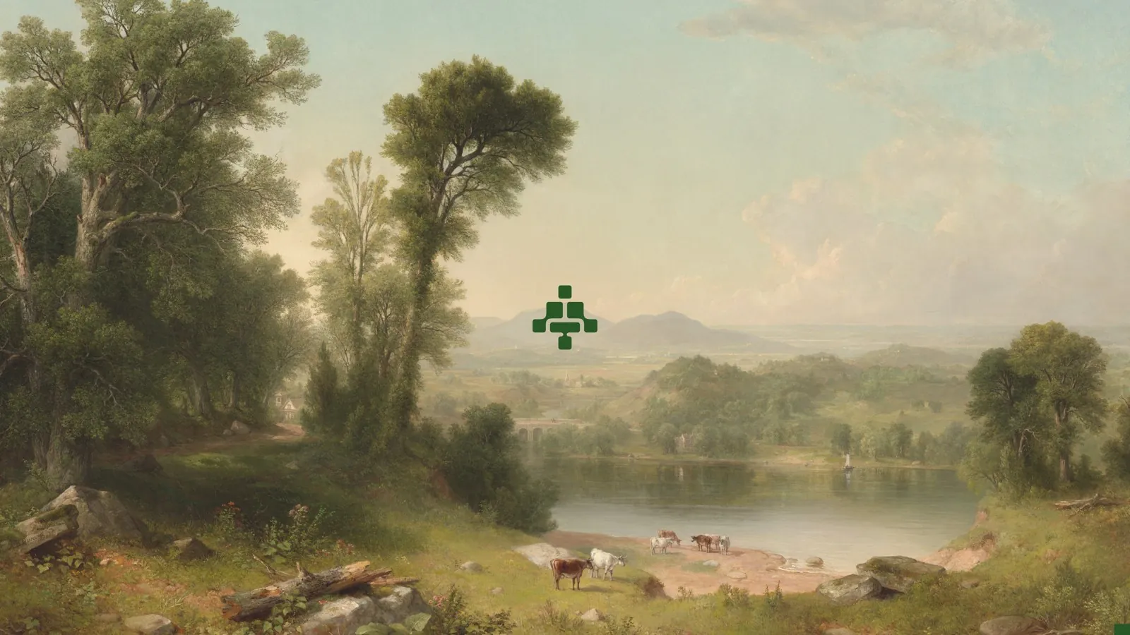 Peinture d’une vallée verdoyante avec le logo MBV dans le ciel