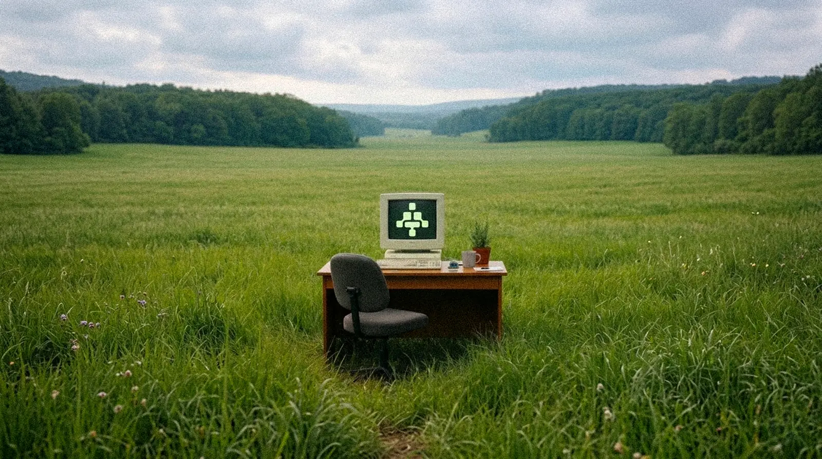 Un vieil ordinateur affichant le logo MBV, posé sur un bureau au milieu d’un grand pré bordé de forêts
