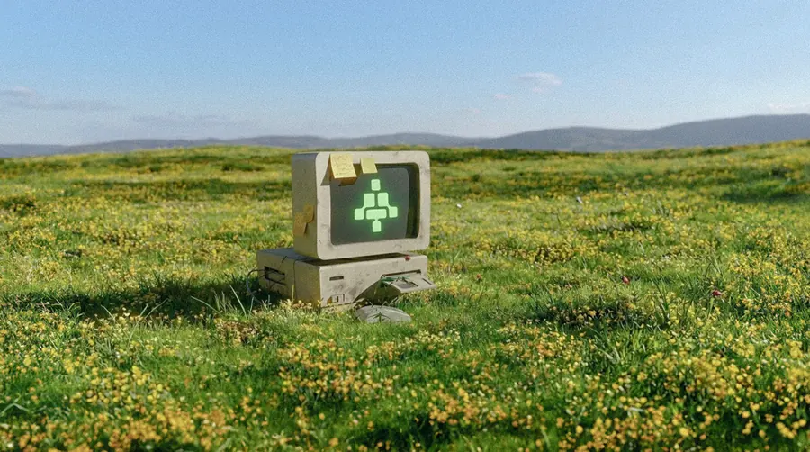 Un ancien ordinateur au logo MBV dans un pré fleuri, sous le ciel bleu