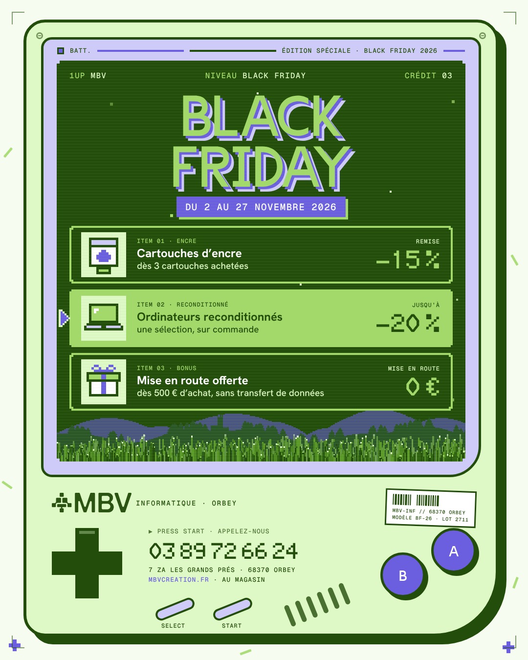 Affiche Black Friday 2026 de MBV Informatique à Orbey : -15 % sur les cartouches d'encre, jusqu'à -20 % sur des PC reconditionnés, mise en route offerte