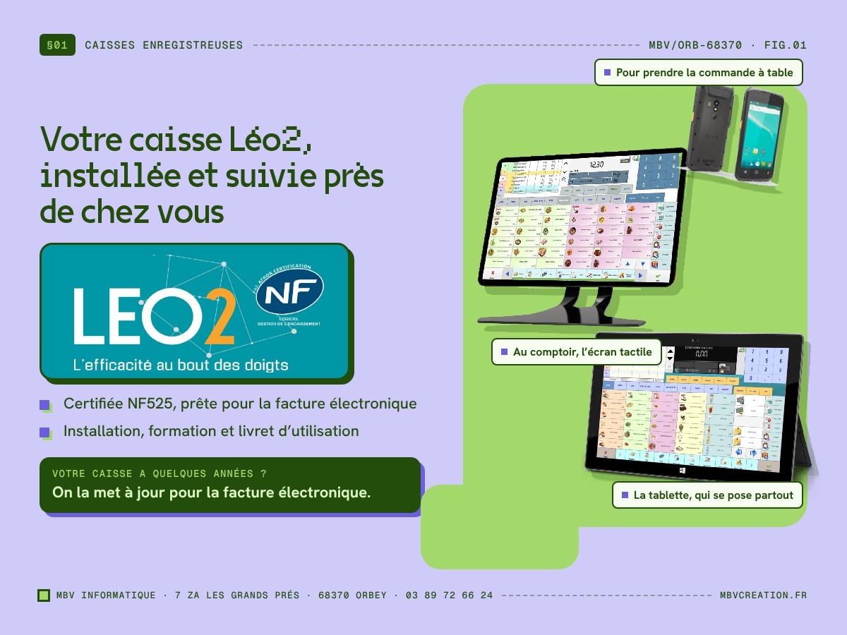 Caisse enregistreuse Léo2 prête pour la facture électronique, installée par MBV Informatique