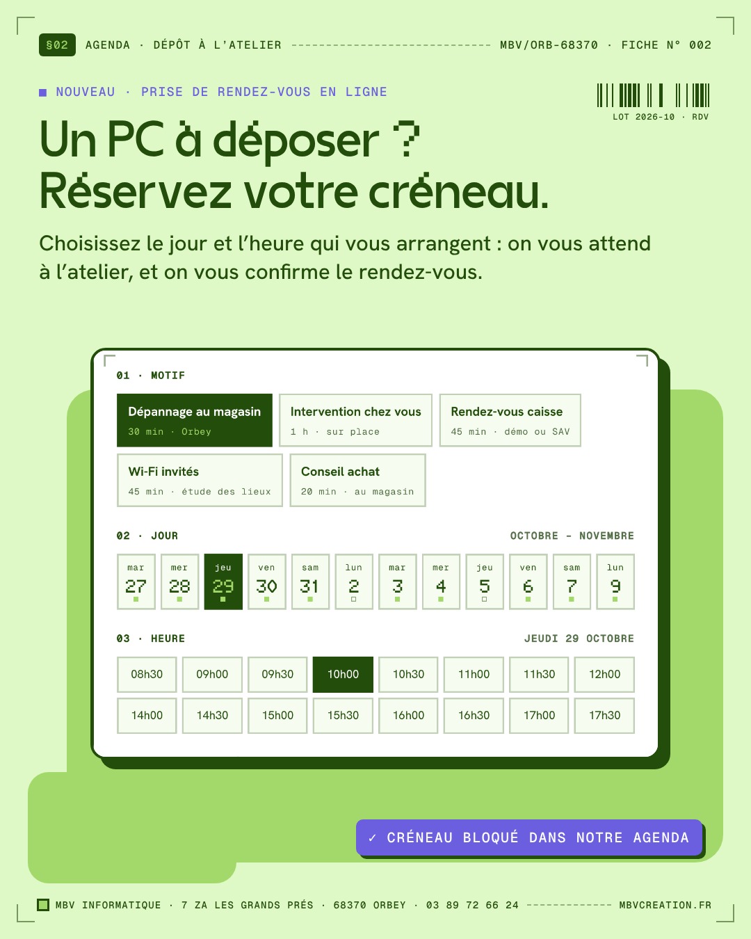 Agenda en ligne pour déposer son ordinateur à l'atelier MBV d'Orbey